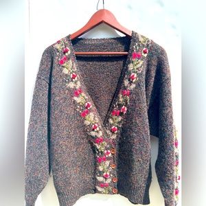 Women’s Knit Cardigan Brown Flower Details Size Small